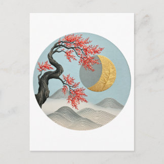 Minimalistische Japanse Kersebloesem Maan Landscha Feestdagenkaart