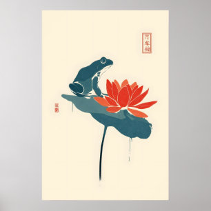 Minimalistische Japanse kikker- en lotusprint Poster