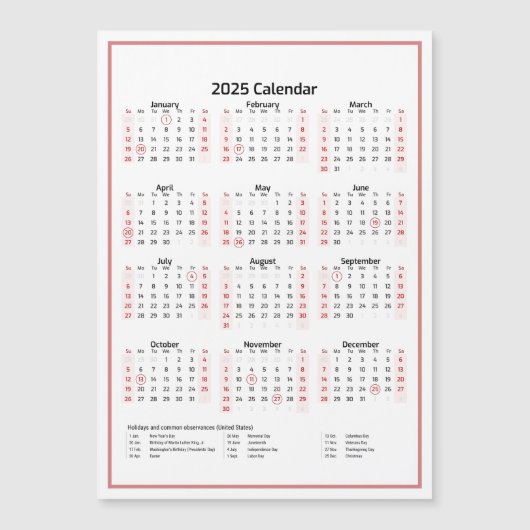 Minimalistische Kalender 2025 Roze Magnetische Kaa (Voorkant)