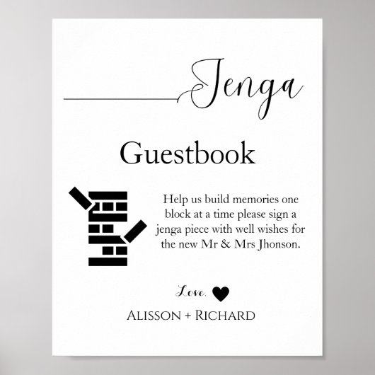 Minimalistische kalligrafie bruiloft Jenga gastenb Poster (Voorkant)