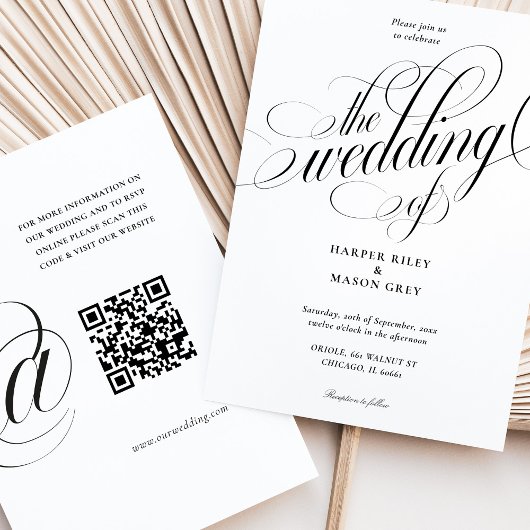 Minimalistische kalligrafie bruiloft met QR-code R Kaart