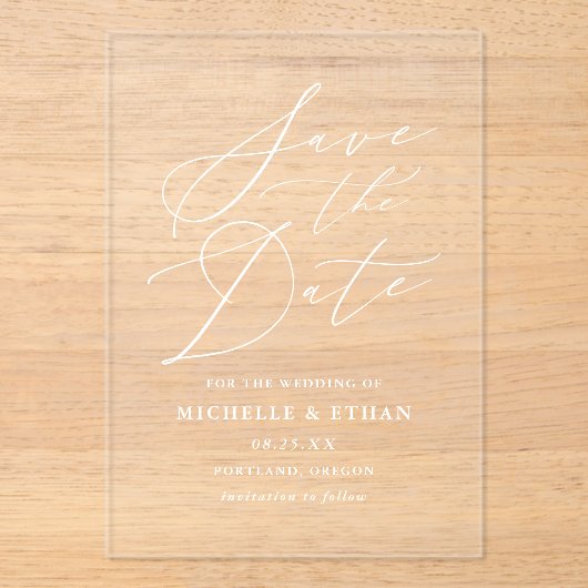 Minimalistische kalligrafie bruiloft Save the Date Acryl Uitnodigingen (Voorkant)
