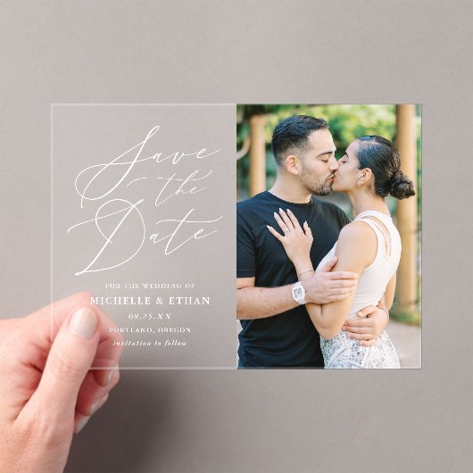 Minimalistische kalligrafie bruiloft Save the Date Acryl Uitnodigingen (Insitu (Draagbaar))