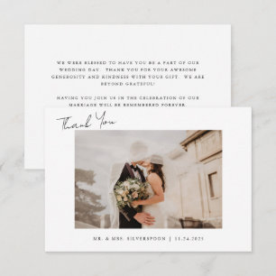 Minimalistische kalligrafie script huwelijksfoto bedankkaart