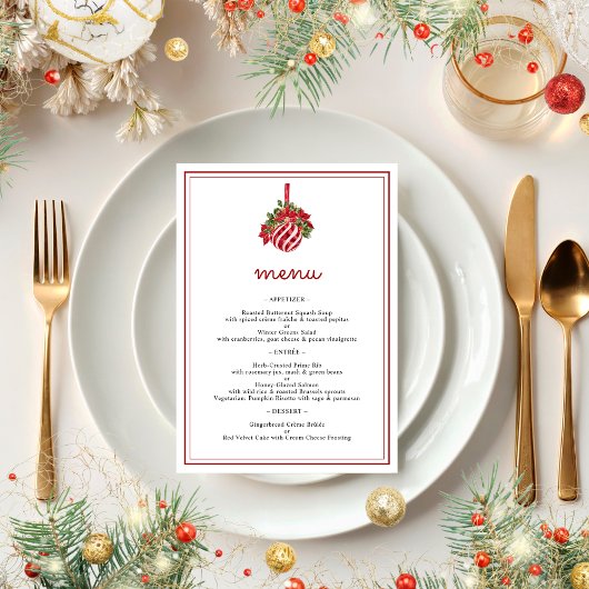 Minimalistische Kerstbal & Script Kerst Dinnerfees Menu