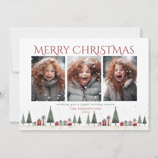 Minimalistische kerstbomen cadeaus vakantiefoto feestdagenkaart (Voorkant)