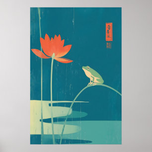 Minimalistische kikker- en lotus-kunstprint donker poster
