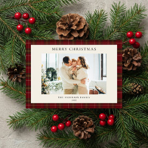 Minimalistische klassieke rode geruite kerstfoto feestdagenkaart