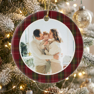Minimalistische klassieke rode ruit 2 foto Kerstmi Keramisch Ornament