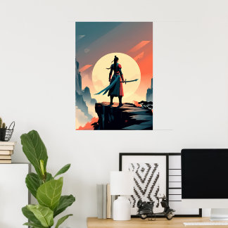 Minimalistische krijger met zwaardgaming poster