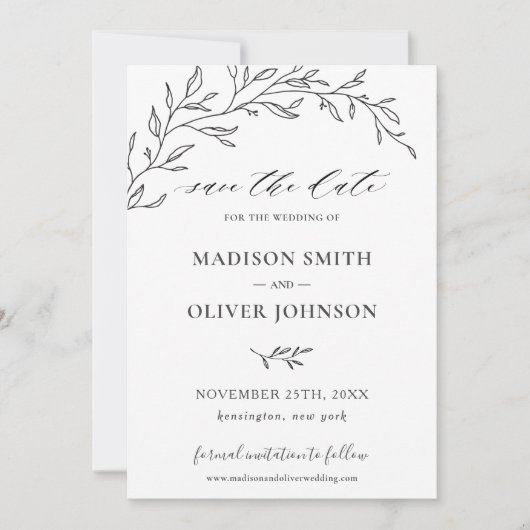 Minimalistische Laurel Branch Leafy Save the Date  Kaart (Voorkant)