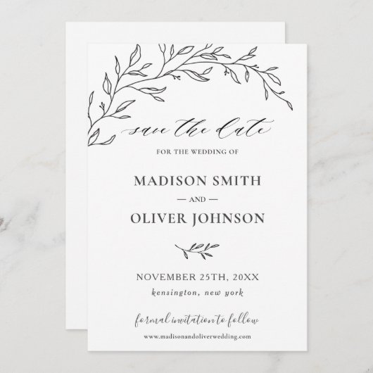 Minimalistische Laurel Branch Leafy Save the Date  Kaart (Voorkant / Achterkant)