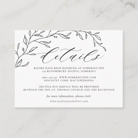 Minimalistische Laurel Line Branch bruiloft detail Informatiekaartje (Voorkant)