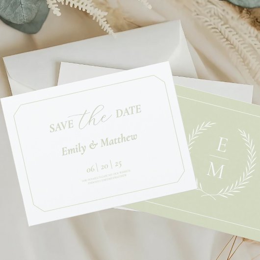 Minimalistische Laurel Monogram Wedding Save the D Aankondigingskaart