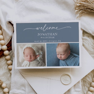 Minimalistische leiblauwe foto baby aankondigingsk kaart