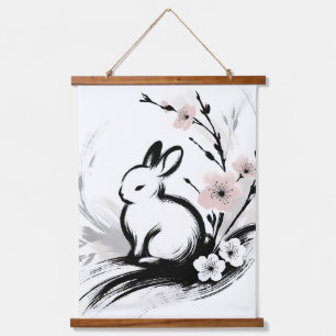 Minimalistische lente Zen konijn kersenbloesem Hangend Wandkleed