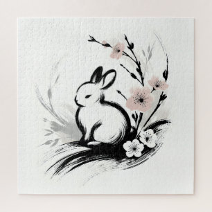Minimalistische lente Zen-konijn kersenbloesems Legpuzzel