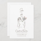 Minimalistische lijnkunst Romantisch paar met bloe Save The Date (Voorkant / Achterkant)