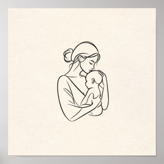 Minimalistische lijnkunst van moeder en baby poster