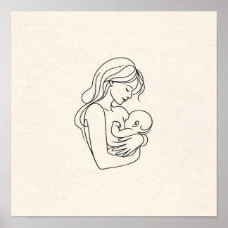 Minimalistische lijnkunst van moeder en baby poster