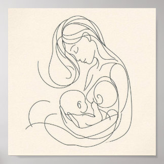Minimalistische lijnkunst van moeder en baby poster