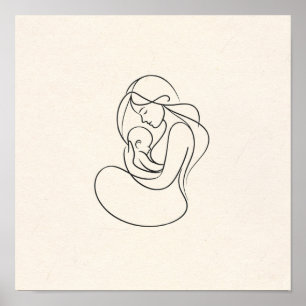 Minimalistische lijnkunst van moeder en baby poster