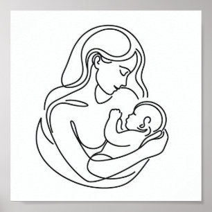 Minimalistische lijnkunst van moeder en baby poster