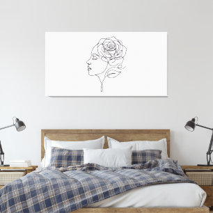 Minimalistische lijnkunst vrouw met roos canvas afdruk