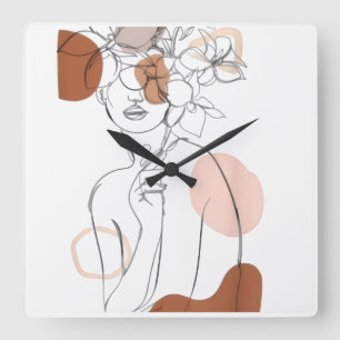 Minimalistische lijnkunst wandklok – bloemenkopont vierkante klok