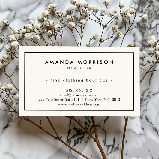 Minimalistische luxe boetiek ivoor/zwart single si visitekaartje