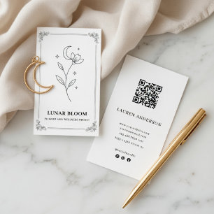 Minimalistische Maanbloem Bloemist Kaart met QR-co Visitekaartje