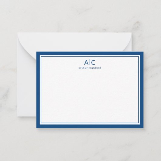 Minimalistische Marine Blauwe Grens Modern 2 Monog Notitiekaartje (Voorkant)