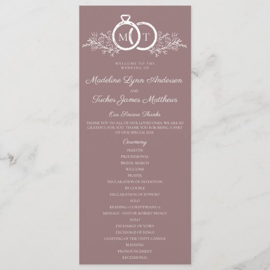 Minimalistische Mauve trouwring Monogram bruiloft Programma (Voorkant)