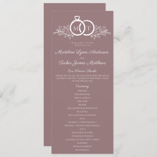 Minimalistische Mauve trouwring Monogram bruiloft Programma (Voorkant / Achterkant)