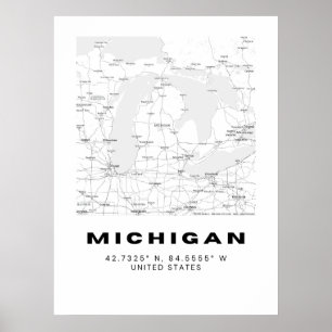 Minimalistische Michigan Kaart Kunst - Zwart en Wi Poster