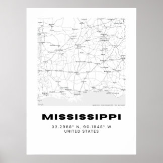 Minimalistische Mississippi Kaart Kunst - Zwart en Poster