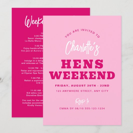 Minimalistische Modern Hot Pink Hens Weekend-route Kaart (Voorkant / Achterkant)