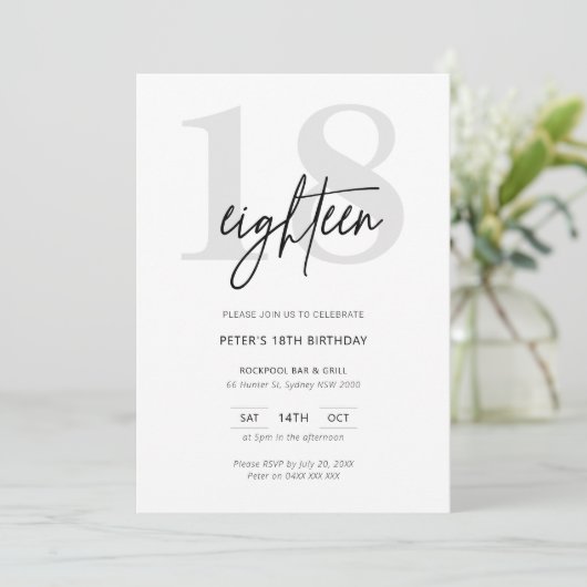 Minimalistische Moderne 18e verjaardag Uitnodiging (Staand voorkant)