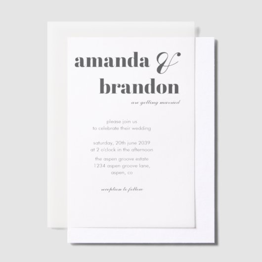 Minimalistische, moderne bruiloftsbruiloft vellum uitnodigingen (Offset)