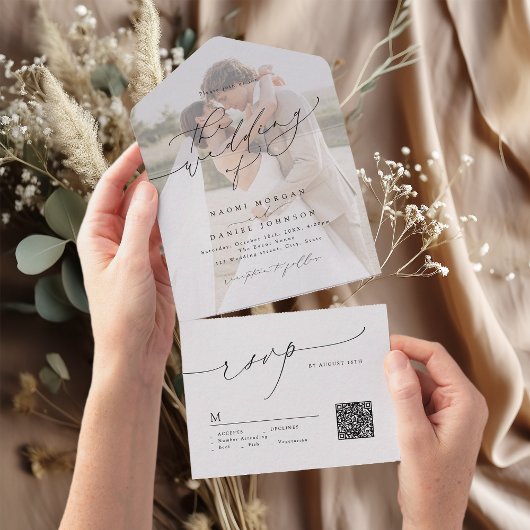 Minimalistische Moderne Chic Script Elegante Trouw All In One Uitnodiging