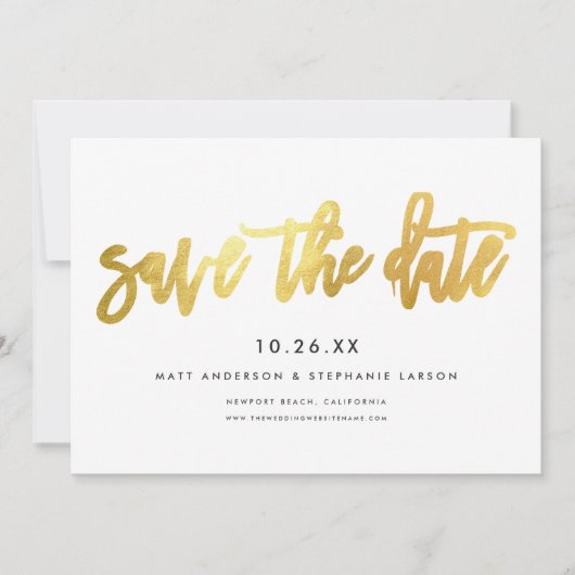 Minimalistische moderne chic script wit + goud save the date (Voorkant)