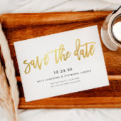 Minimalistische moderne chic script wit + goud save the date