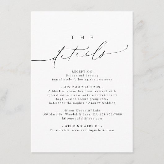 Minimalistische moderne chique script bruiloft det informatiekaartje (Voorkant)