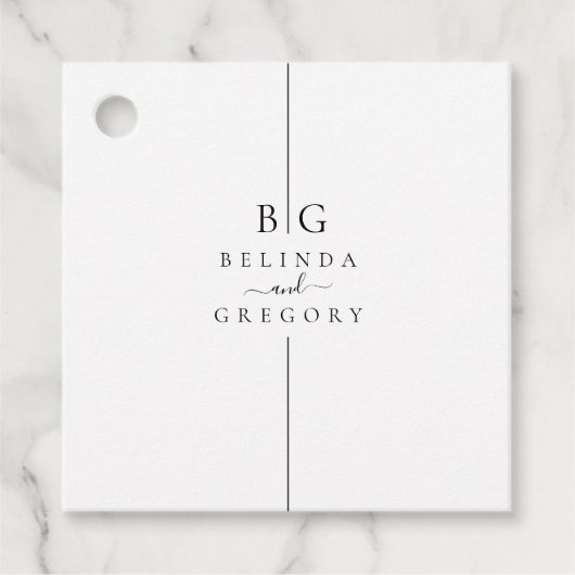 Minimalistische moderne inline monogram bruiloft bedankjes labels (Voorkant)