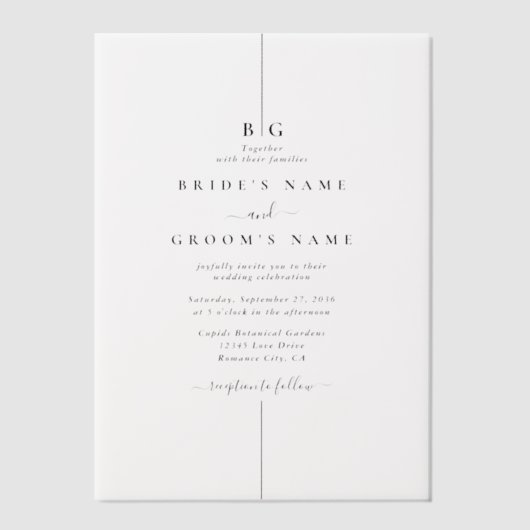 Minimalistische moderne inline monogram bruiloft vellum uitnodigingen (Voorkant)