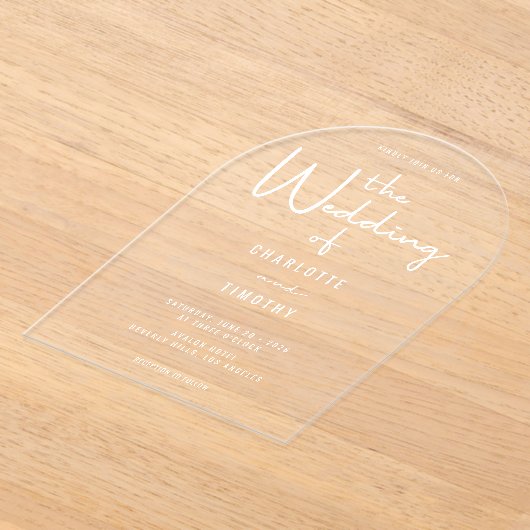 Minimalistische moderne kalligrafie Casual trouwbo Acryl Uitnodigingen (Laagn)