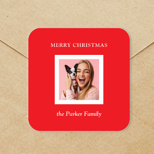Minimalistische moderne kerst rood met foto vierkante sticker