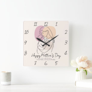 Minimalistische moderne lijnkunst Moeder en baby M Vierkante Klok