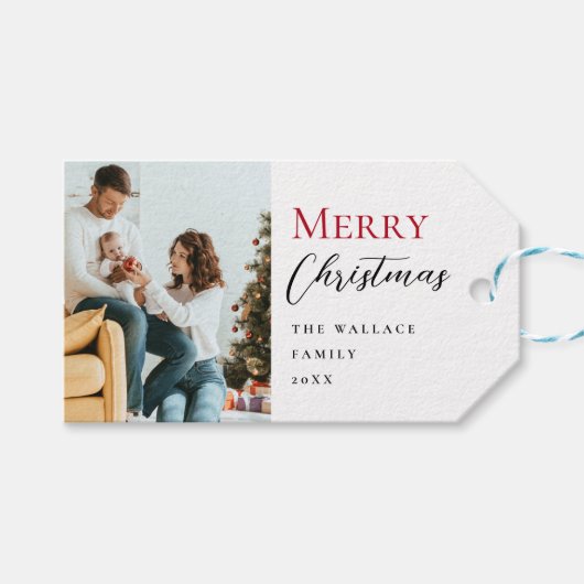 Minimalistische moderne rode vrolijke kerstscriptf cadeaulabel (Voorkant (Horizontaal))