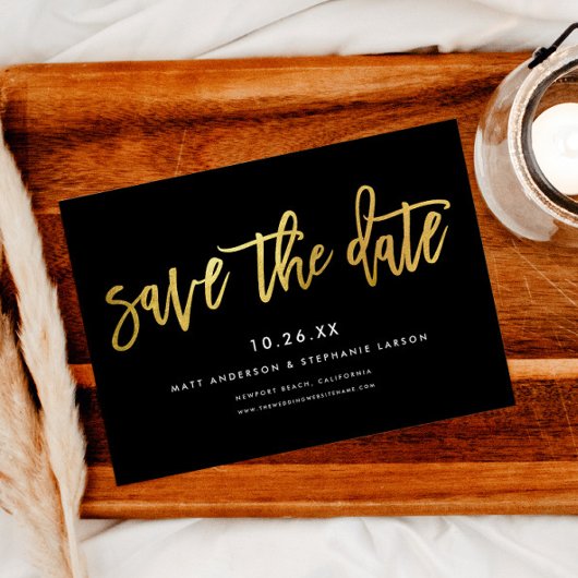 Minimalistische moderne script chic zwart + goud save the date